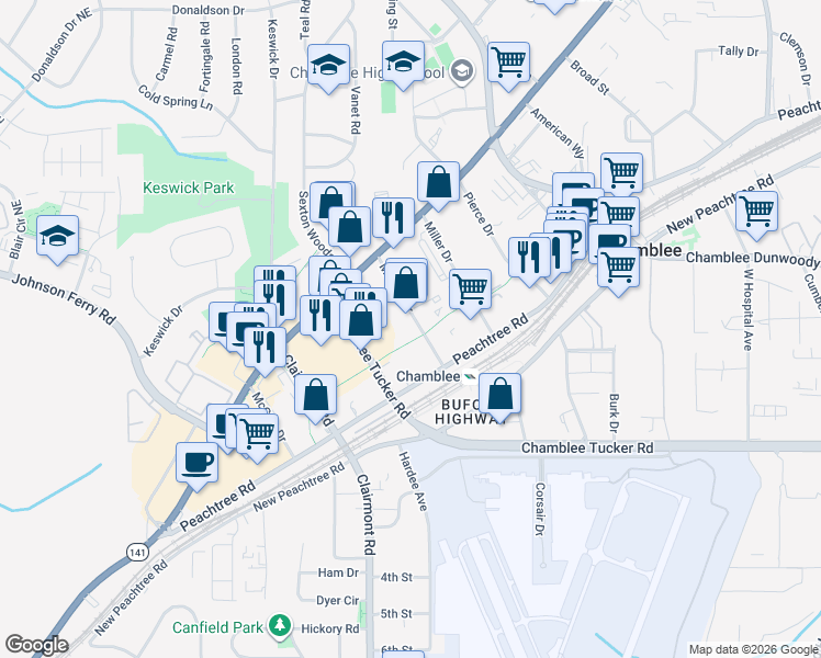 map of restaurants, bars, coffee shops, grocery stores, and more near 3400 Malone Drive in Chamblee