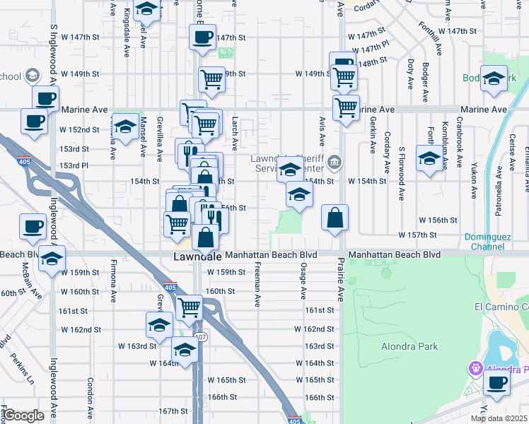 map of restaurants, bars, coffee shops, grocery stores, and more near 4168 West 156th Street in Lawndale