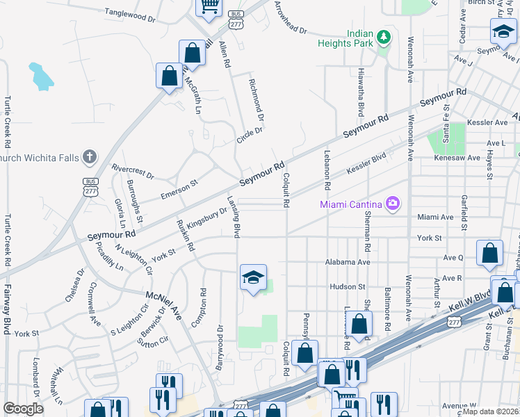 map of restaurants, bars, coffee shops, grocery stores, and more near 4021 Kingsbury Drive in Wichita Falls