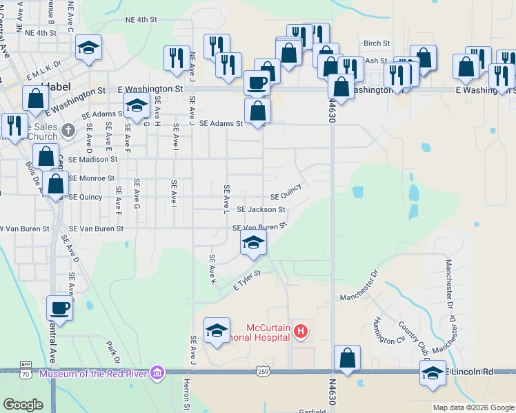 map of restaurants, bars, coffee shops, grocery stores, and more near 1211 Southeast Jackson Street in Idabel