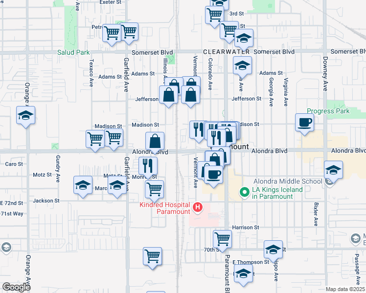 map of restaurants, bars, coffee shops, grocery stores, and more near 7743 Alondra Boulevard in Paramount