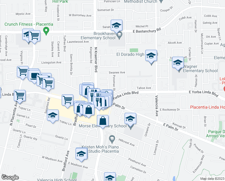 map of restaurants, bars, coffee shops, grocery stores, and more near 1507 Potomac Street in Placentia