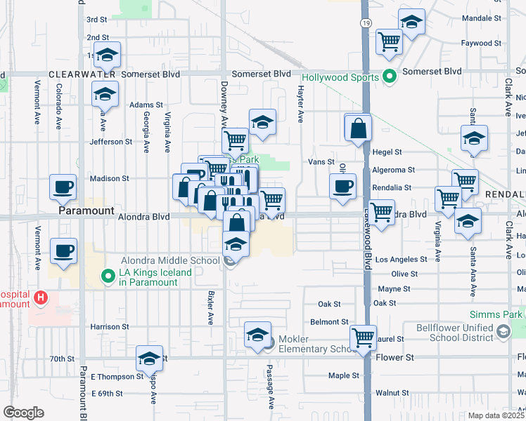 map of restaurants, bars, coffee shops, grocery stores, and more near 15821 Passage Avenue in Paramount