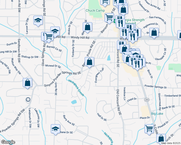 map of restaurants, bars, coffee shops, grocery stores, and more near 2605 Vineyard Way in Smyrna