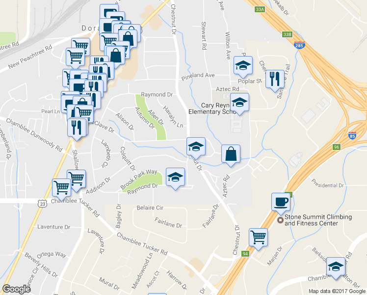 map of restaurants, bars, coffee shops, grocery stores, and more near 3378 Wheeler Drive in Doraville