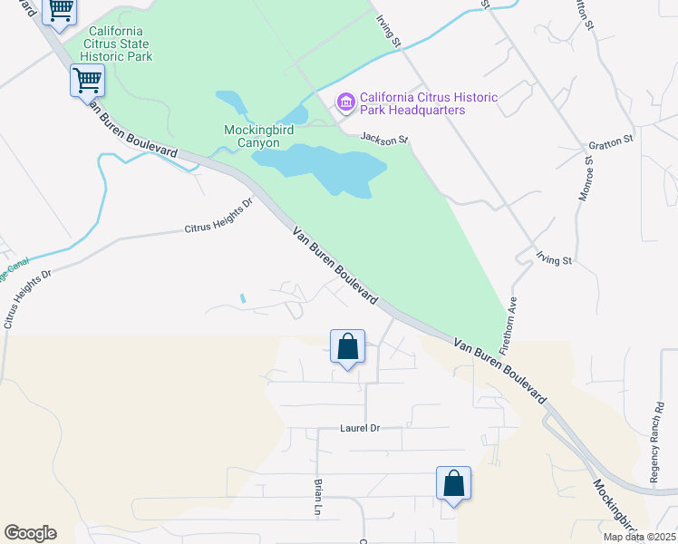 map of restaurants, bars, coffee shops, grocery stores, and more near Van Buren Boulevard in Riverside