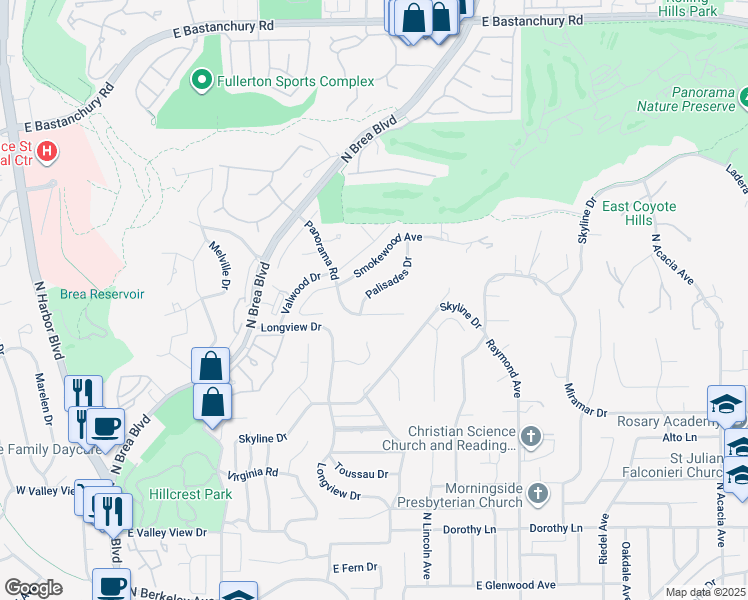 map of restaurants, bars, coffee shops, grocery stores, and more near 2018 Palisades Drive in Fullerton