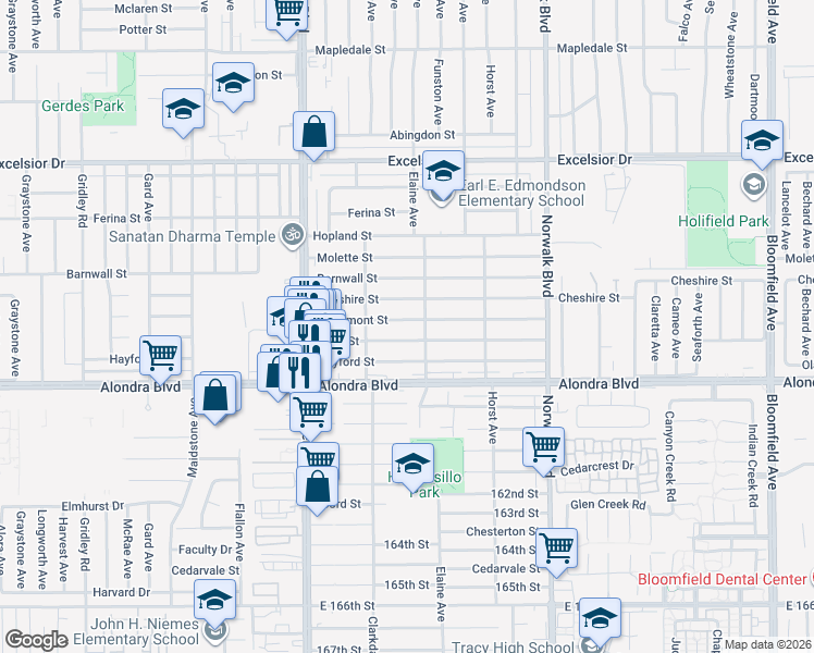map of restaurants, bars, coffee shops, grocery stores, and more near 11946 Lowemont Street in Norwalk
