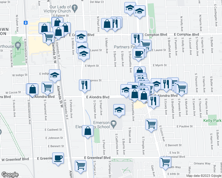 map of restaurants, bars, coffee shops, grocery stores, and more near 804 South Mayo Avenue in Compton