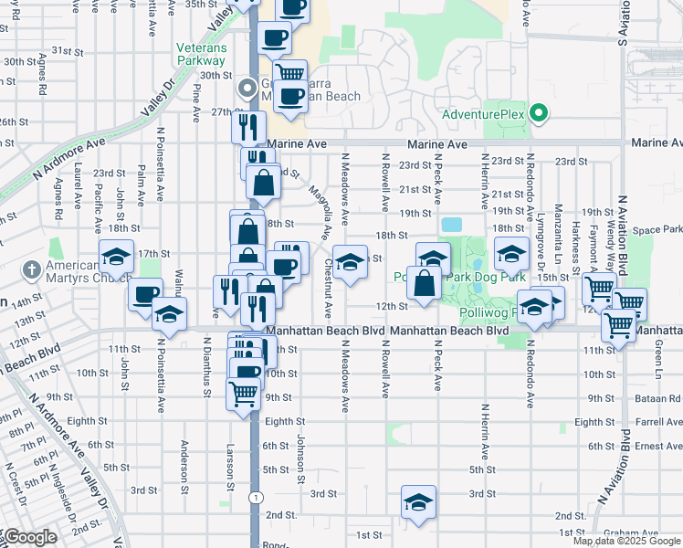 map of restaurants, bars, coffee shops, grocery stores, and more near 1200 North Meadows Avenue in Manhattan Beach
