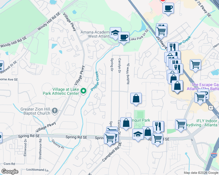 map of restaurants, bars, coffee shops, grocery stores, and more near 2586 Spring Drive in Smyrna