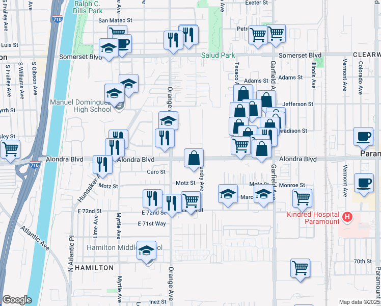 map of restaurants, bars, coffee shops, grocery stores, and more near 7039 Alondra Boulevard in Paramount