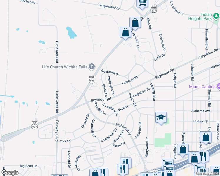 map of restaurants, bars, coffee shops, grocery stores, and more near 2018 Burroughs Street in Wichita Falls