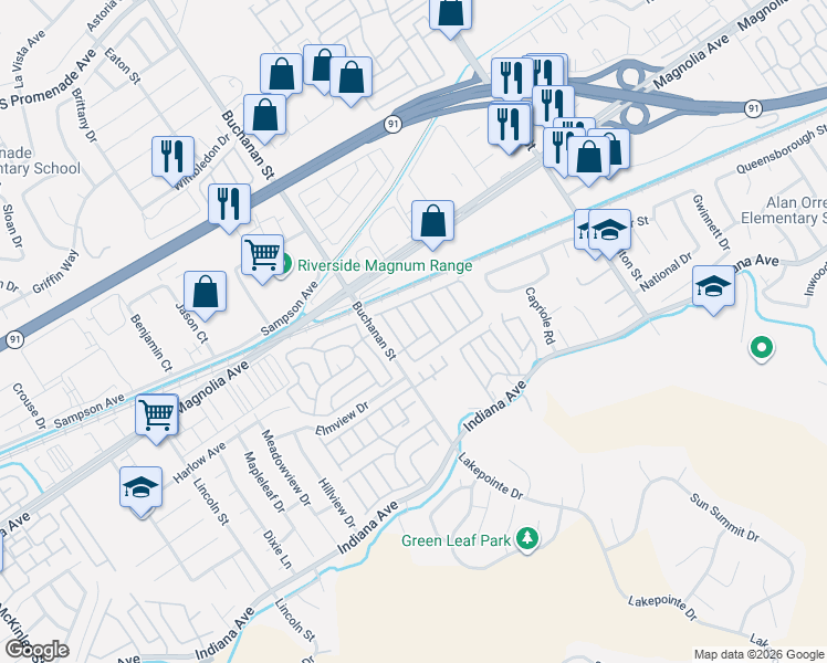 map of restaurants, bars, coffee shops, grocery stores, and more near 3663 Buchanan Street in Riverside