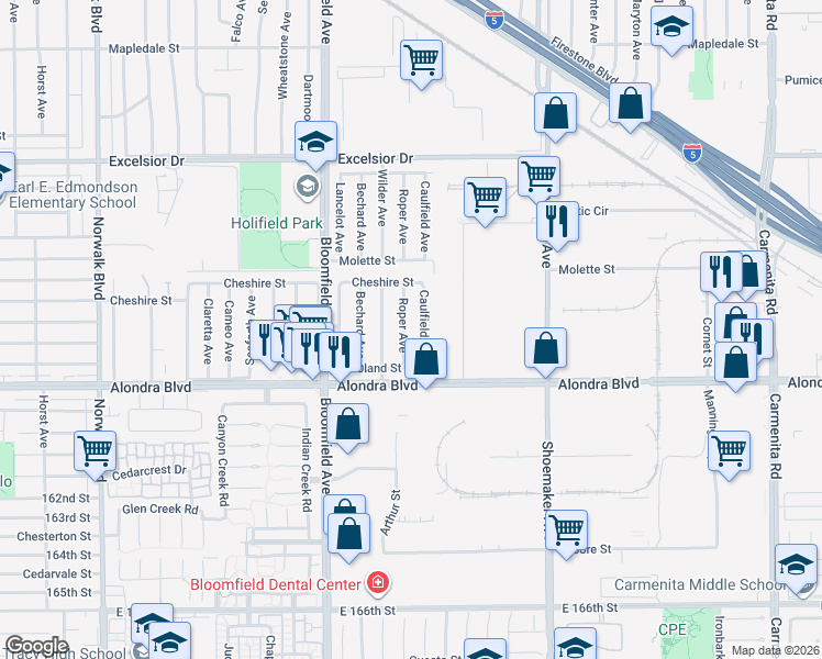 map of restaurants, bars, coffee shops, grocery stores, and more near 15603 Caulfield Avenue in Norwalk