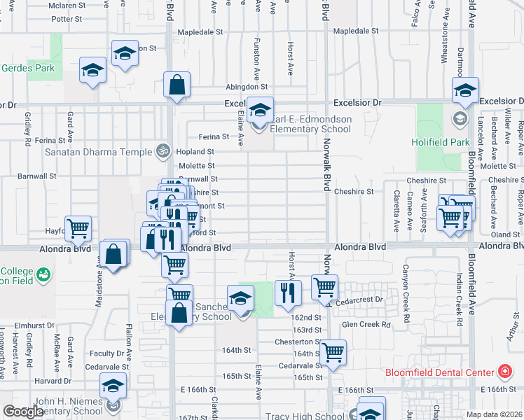 map of restaurants, bars, coffee shops, grocery stores, and more near 12018 Lowemont Street in Norwalk
