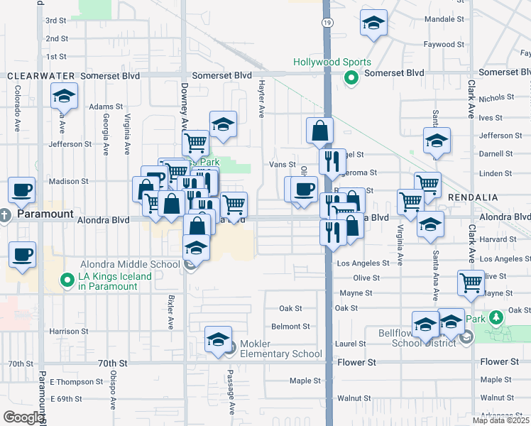 map of restaurants, bars, coffee shops, grocery stores, and more near 8737 Alondra Boulevard in Paramount