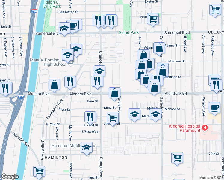 map of restaurants, bars, coffee shops, grocery stores, and more near 7039 Alondra Boulevard in Paramount