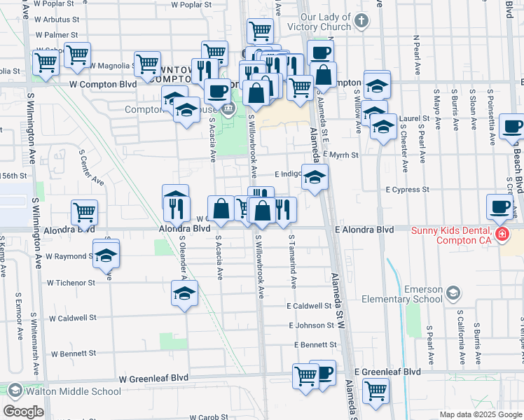 map of restaurants, bars, coffee shops, grocery stores, and more near 717 South Willowbrook Avenue in Compton