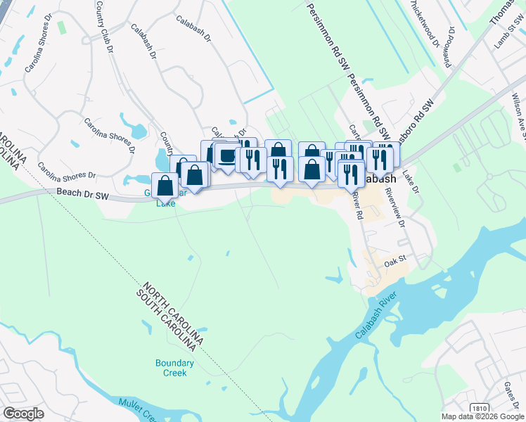 map of restaurants, bars, coffee shops, grocery stores, and more near 10157 Beach Drive Southwest in Calabash