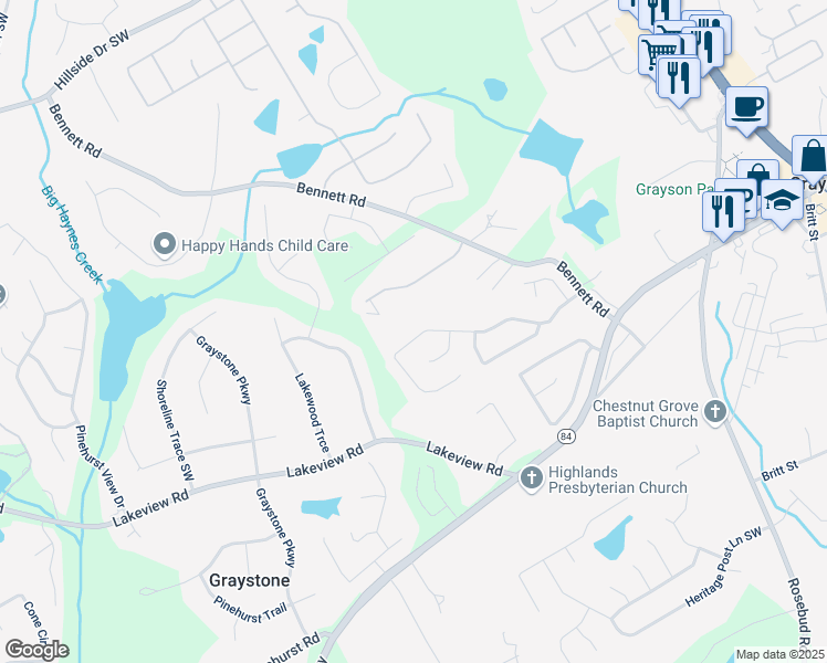 map of restaurants, bars, coffee shops, grocery stores, and more near 931 Windsor Creek Drive in Grayson
