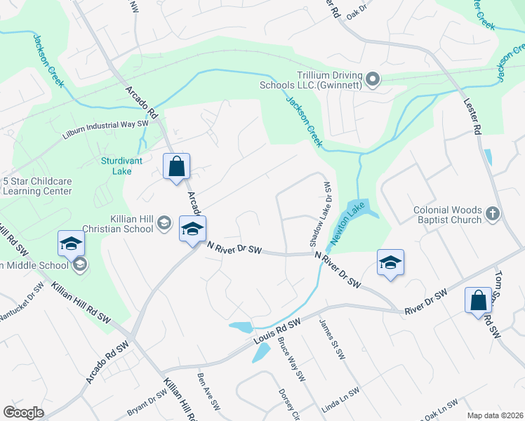 map of restaurants, bars, coffee shops, grocery stores, and more near 121 Newport Lane Southwest in Lilburn