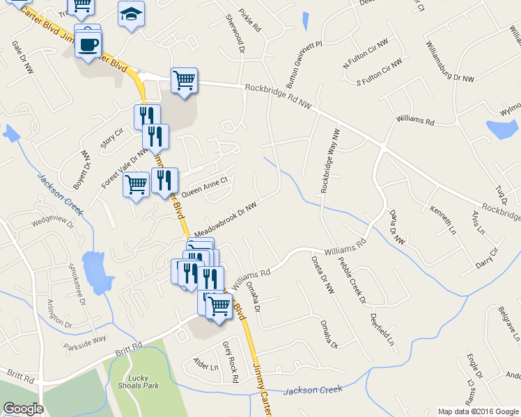 map of restaurants, bars, coffee shops, grocery stores, and more near 6072 Meadowbrook Drive in Norcross