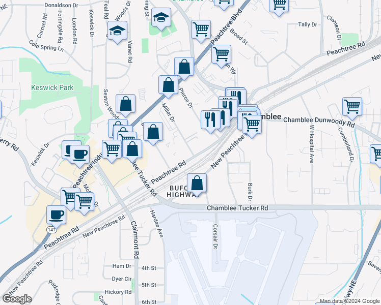 map of restaurants, bars, coffee shops, grocery stores, and more near 5300 Peachtree Road in Chamblee