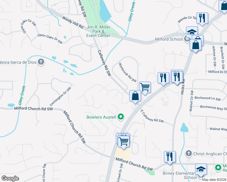 map of restaurants, bars, coffee shops, grocery stores, and more near 2640 Windage Drive Southwest in Marietta
