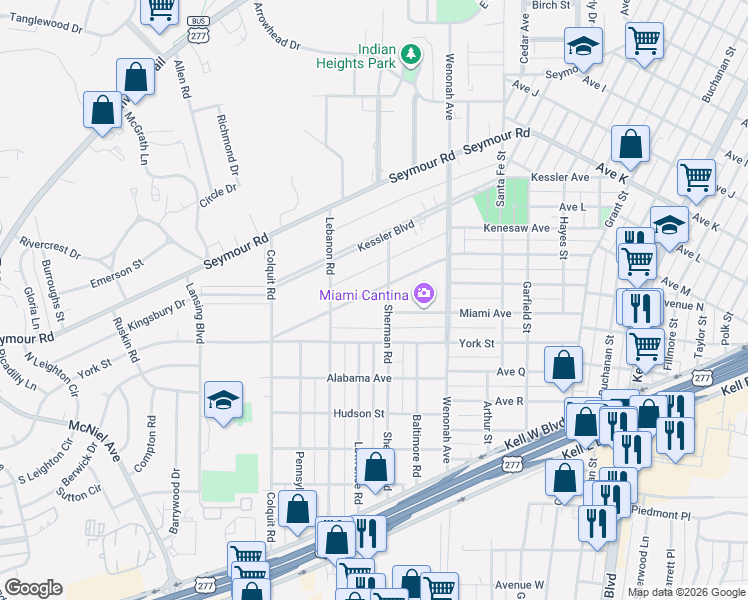 map of restaurants, bars, coffee shops, grocery stores, and more near 3503 Cumberland Avenue in Wichita Falls