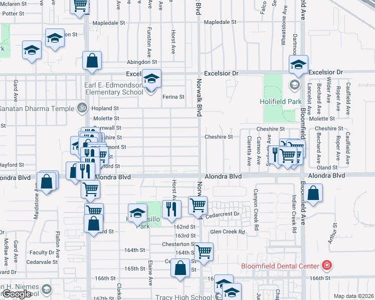 map of restaurants, bars, coffee shops, grocery stores, and more near 12140 Lowemont Street in Norwalk