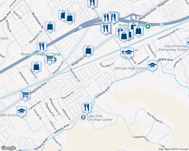 map of restaurants, bars, coffee shops, grocery stores, and more near in Riverside