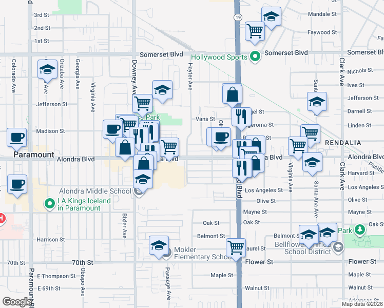 map of restaurants, bars, coffee shops, grocery stores, and more near 8713 Alondra Boulevard in Paramount