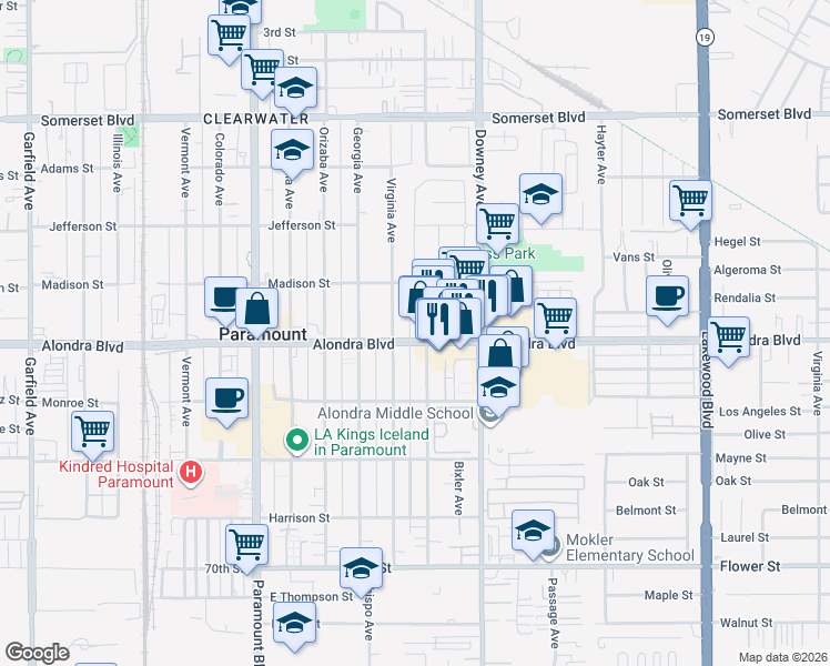 map of restaurants, bars, coffee shops, grocery stores, and more near 8329 Alondra Boulevard in Paramount