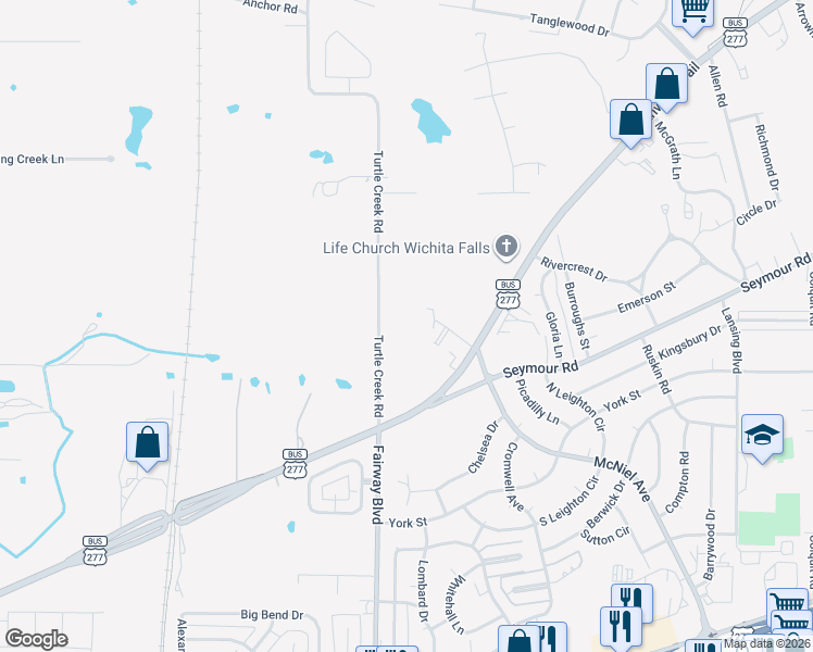map of restaurants, bars, coffee shops, grocery stores, and more near 2249 Turtle Creek Road in Wichita Falls