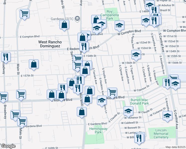 map of restaurants, bars, coffee shops, grocery stores, and more near 15641 South Tarrant Avenue in Compton