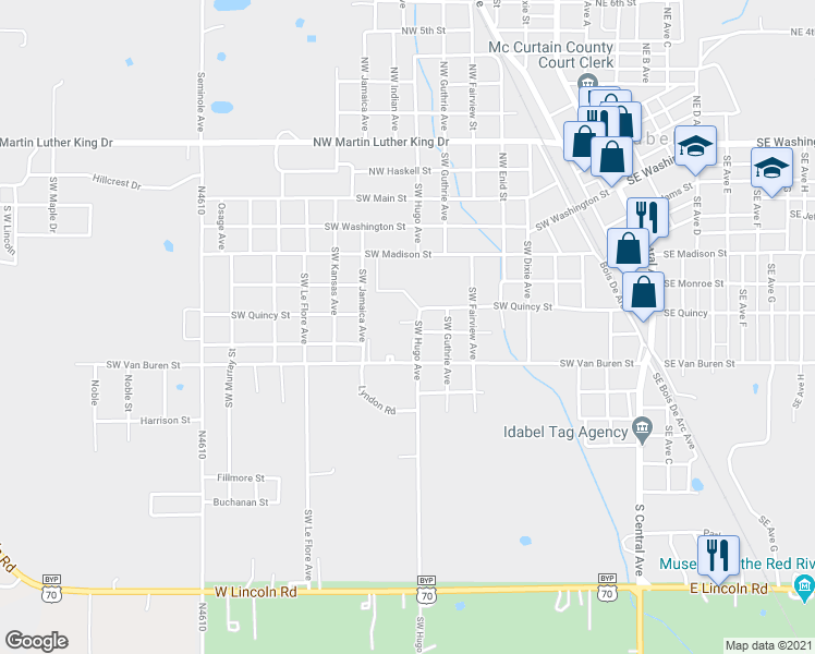 map of restaurants, bars, coffee shops, grocery stores, and more near 804 Southwest Quincy Street in Idabel