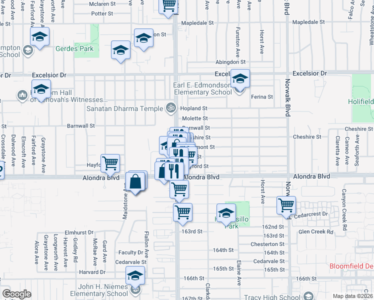 map of restaurants, bars, coffee shops, grocery stores, and more near 11824 Lowemont Street in Norwalk