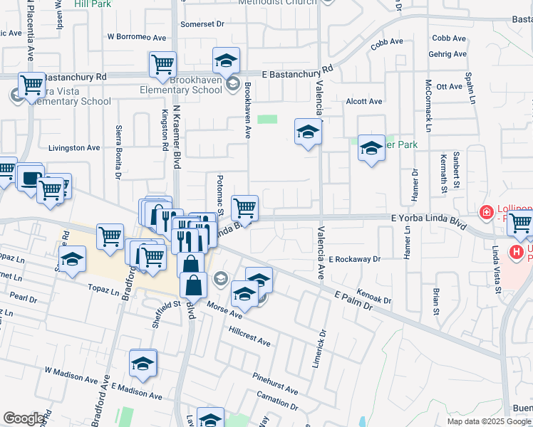 map of restaurants, bars, coffee shops, grocery stores, and more near 408 Tahoe Avenue in Placentia