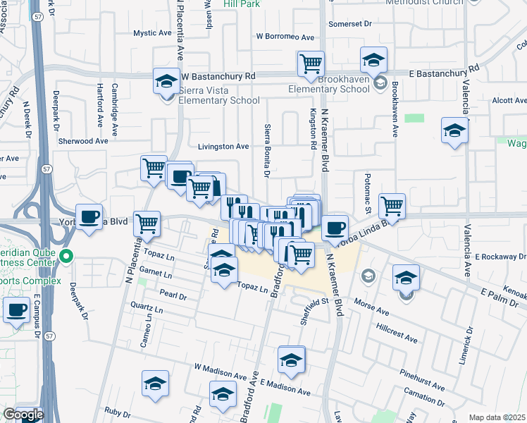 map of restaurants, bars, coffee shops, grocery stores, and more near 3300 East Palm Drive in Fullerton