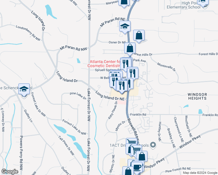 map of restaurants, bars, coffee shops, grocery stores, and more near 4930 Long Island Terrace in Atlanta
