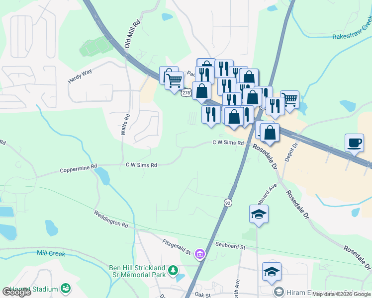 map of restaurants, bars, coffee shops, grocery stores, and more near 281 C W Sims Road in Hiram