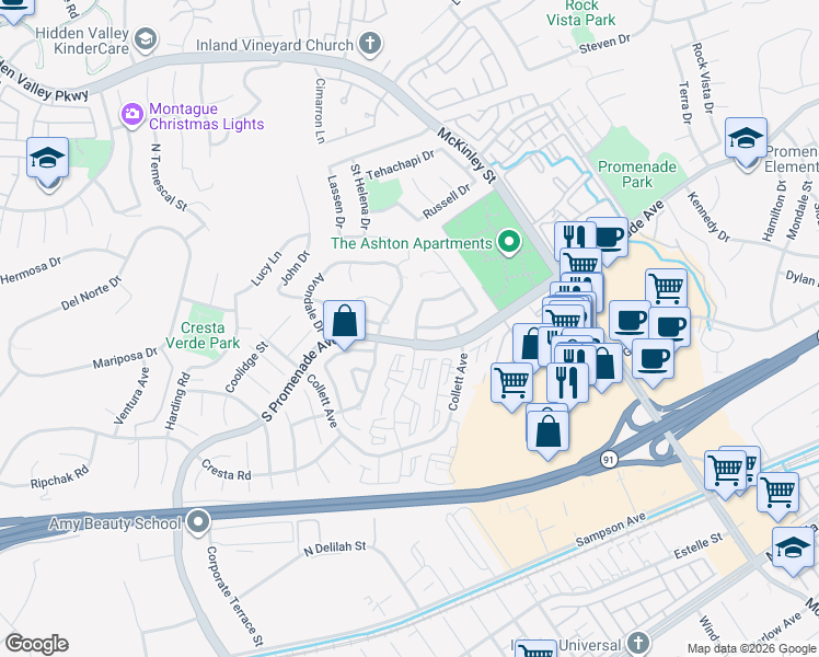 map of restaurants, bars, coffee shops, grocery stores, and more near 624 Wellesley Drive in Corona