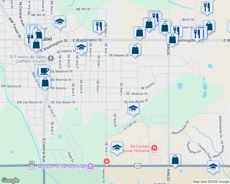 map of restaurants, bars, coffee shops, grocery stores, and more near 1005 Southeast Jackson Street in Idabel
