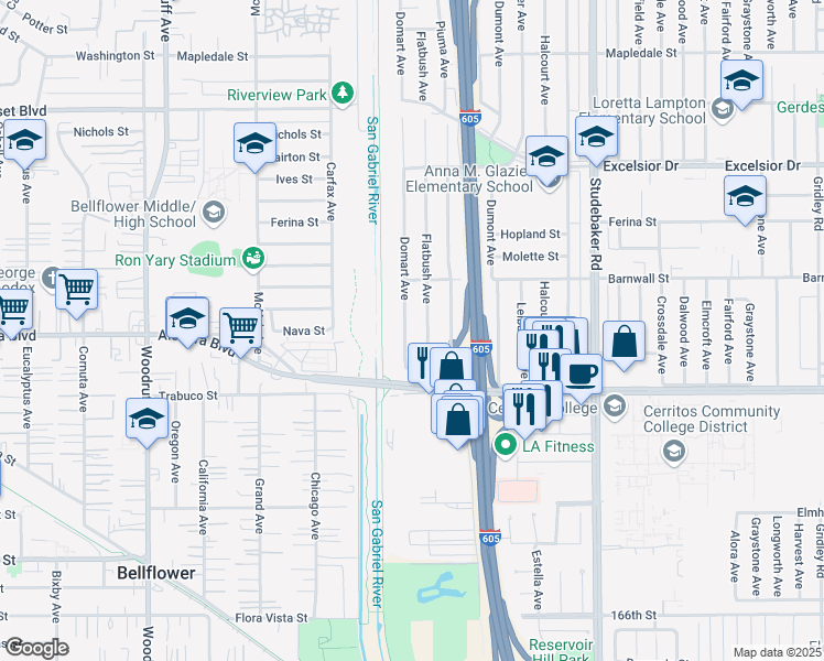 map of restaurants, bars, coffee shops, grocery stores, and more near 15526 Domart Avenue in Norwalk