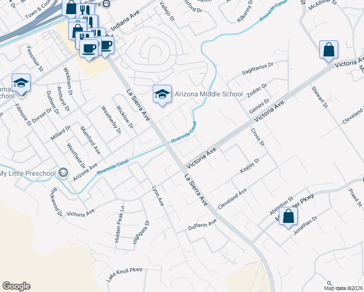 map of restaurants, bars, coffee shops, grocery stores, and more near 10984 Middleborough Road in Riverside