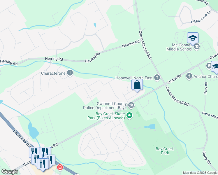 map of restaurants, bars, coffee shops, grocery stores, and more near 129 White Rose Court Southeast in Loganville