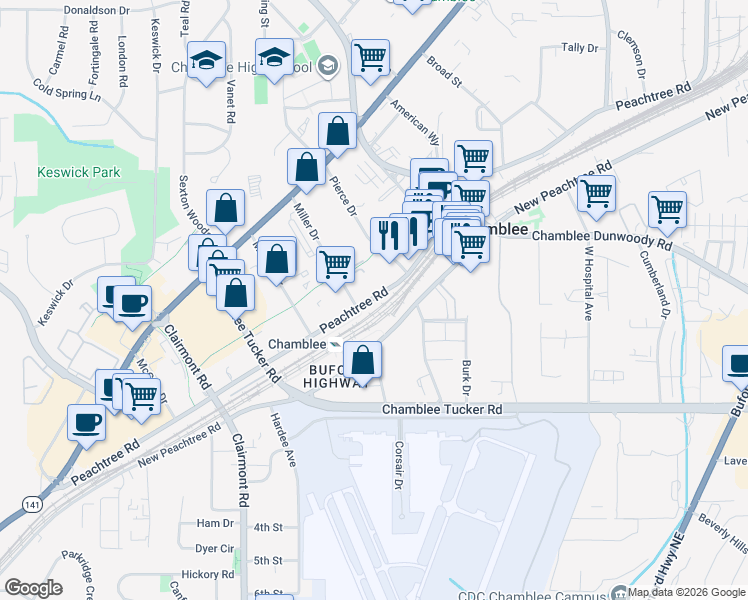 map of restaurants, bars, coffee shops, grocery stores, and more near 5300 Peachtree Road in Chamblee