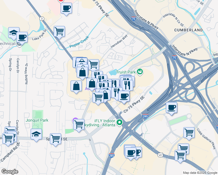 map of restaurants, bars, coffee shops, grocery stores, and more near 2761 Windy Ridge Parkway Southeast in Atlanta
