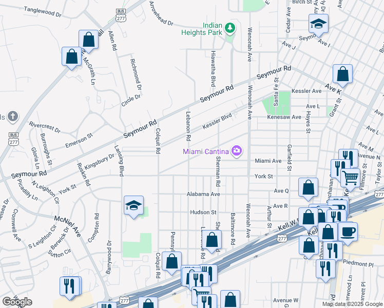 map of restaurants, bars, coffee shops, grocery stores, and more near 3514 Cumberland Avenue in Wichita Falls
